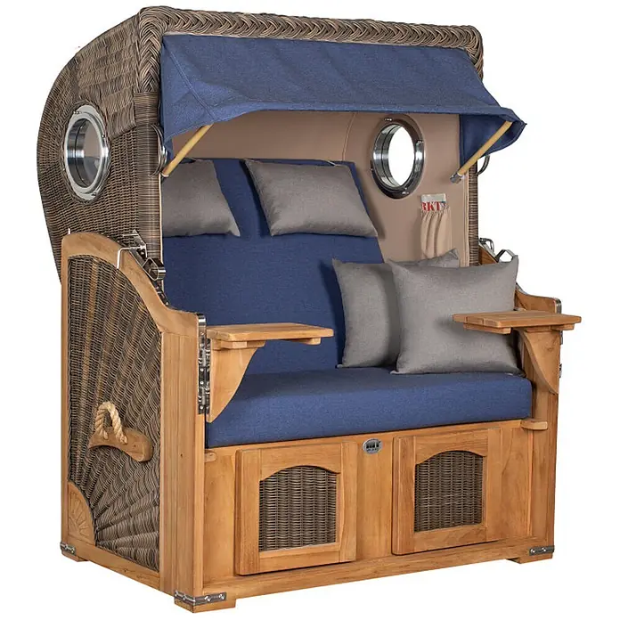 Mr. Deko Strandstuhl Strandkorb Düne Bullauge Teak PE Grey Dessin 595 - 1 Stk., Teakholz. Polyrattan, Rückenlehne verstellbar, PE Grey - Wicker-Teak-Strandkorb mit blauen Polstern, Baldachin, Bullaugen und Stauraum.
