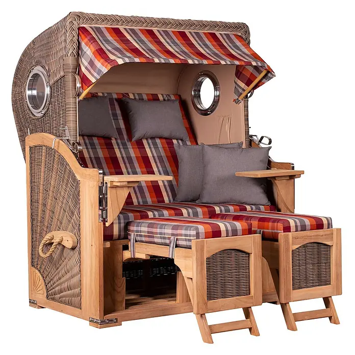 Mr. Deko Strandstuhl Strandkorb Düne Bullauge Teak PE Grey Dessin 584 - 1 Stk., Teakholz. Polyrattan, Rückenlehne verstellbar, PE Grey - Verstellbarer Strandkorb aus Polyrattan und Teakholz mit karierten Polstern, Bullaugen und ausziehbaren Fußablagen.