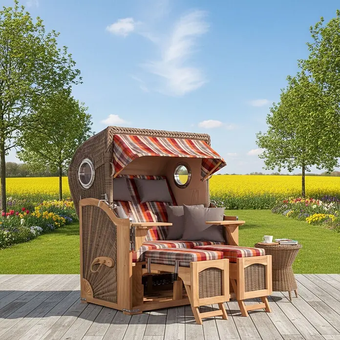 Mr. Deko Strandstuhl Strandkorb Düne Bullauge Teak PE Grey Dessin 584 - 1 Stk., Teakholz. Polyrattan, Rückenlehne verstellbar, PE Grey - Ein klassischer Strandkorb aus Korbgeflecht und Holz, mit farbigen gestreiften Kissen, auf einer Holzterrasse im sonnigen Garten.