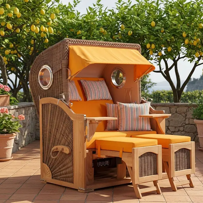 Mr. Deko Strandstuhl Strandkorb Düne Bullauge Teak PE Grey Dessin 586 - 1 Stk., Teakholz. Polyrattan, Rückenlehne verstellbar, PE Grey - Geflochtener Outdoor-Sessel aus Holz mit orangefarbenen Polstern, Markise und ausziehbaren Fußstützen auf einer Terrasse.
