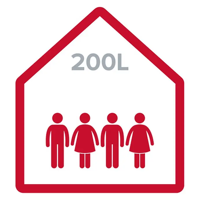 Ariston Bomba de calor para agua Nuos Plus S2 Wifi FS - 200 l, 1.800 W - Icono rojo: Capacidad de 200L para un hogar de 4 personas, representado por una casa con figuras.