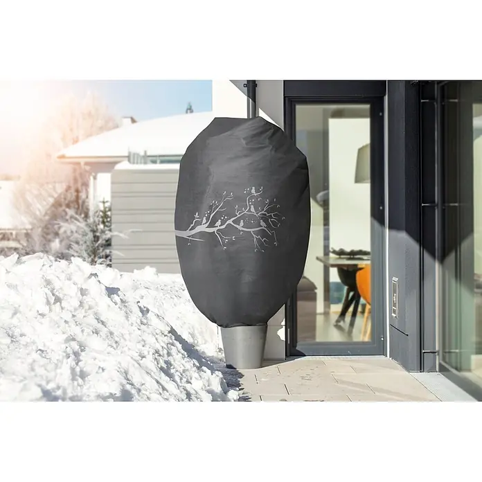 Windhager Abdeckhaube - Vogel-Motiv, XXL, L x B: 1,4 x 2 m, Grau - Dunkelgraue Pflanzenabdeckung mit hellgrauem Vogel- und Astmotiv, schützt eine Topfpflanze im Winter draußen.