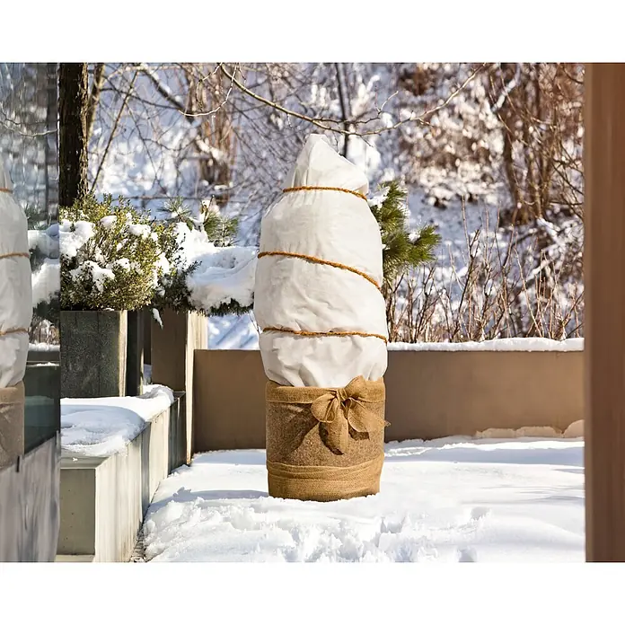 Windhager Winterschutzvlies Superprotect - L x B: 2,5 x 1 m, Weiß, 50 g/m² - Weiße Pflanzenabdeckung und Topf in Sackleinen im Schnee, schützt Pflanze vor Winterwetter.