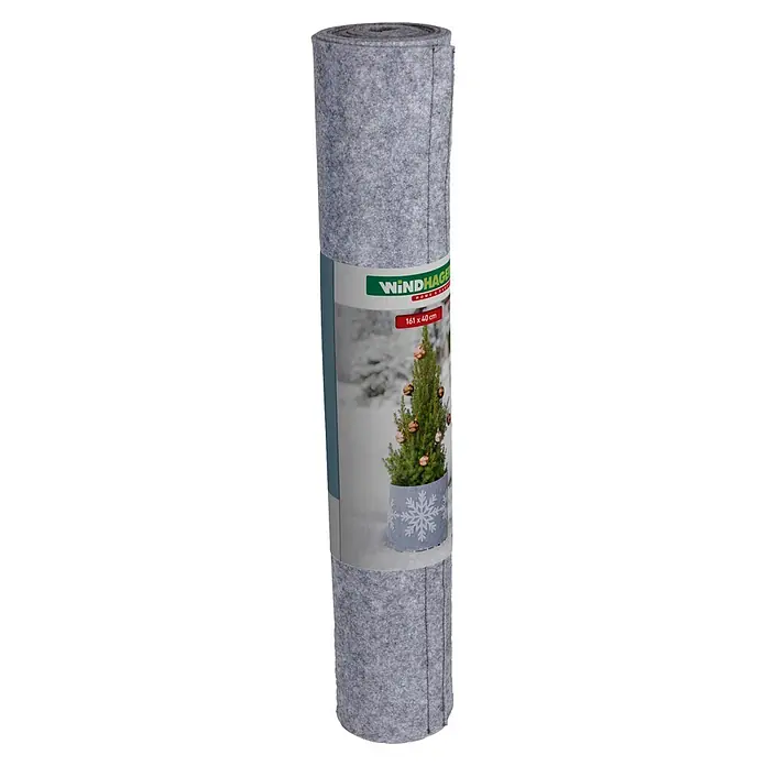 Windhager Dekoartikel Tropfschutz Schneeflocke - Grau, Frostschutz, Länge: 40 cm, Rund - Grauer Filzstoff aufgerollt, mit Etikett das einen Weihnachtsbaum im Filztopf mit Schneeflocken zeigt, Maße 161 x 40 cm.