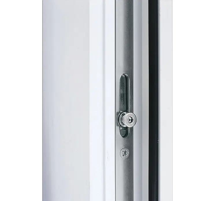 Solid Elements Haustür KT-02 - 100 x 210 cm, DIN Anschlag: Rechts, Weiß - Fensterverriegelung aus Metall mit Sterntrieb auf weißem Rahmen.