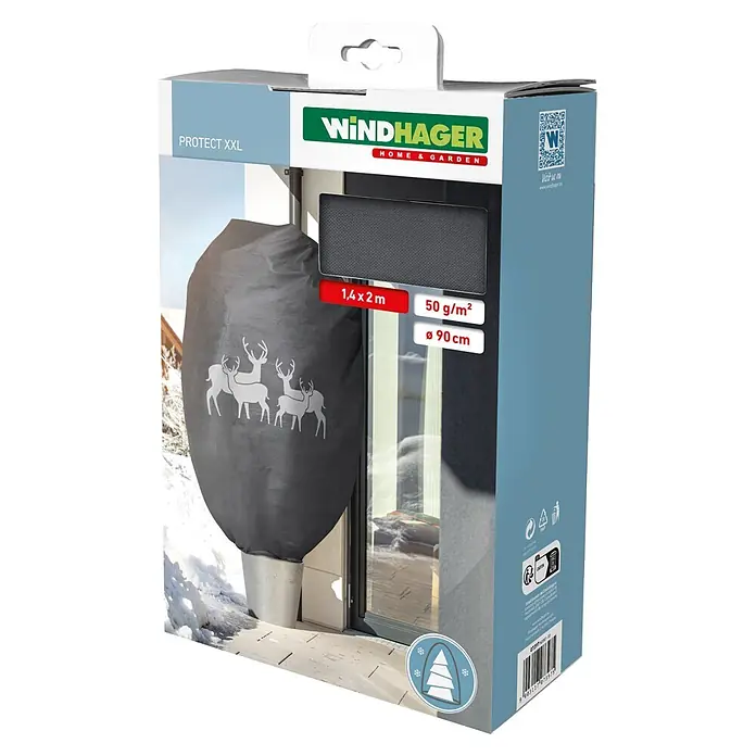 Windhager Abdeckhaube Protect - Hirsch-Motiv, XXL, L x B: 1,4 x 2 m, Grau - Grauer Pflanzenschutz Winterschutzvlies (1,4x2m, 50 g/m²) in Verpackung, beim Schutz einer Topfpflanze im Schnee gezeigt.