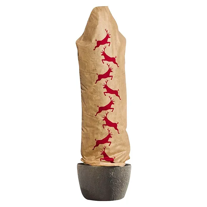 Windhager Winterschutzhaube Protect - L x B: 1,8 x 0,6 m, Motiv: Hirsch - Hellbrauner Papiersack mit roten Hirschmotiven in einem dunkelgrauen, texturierten Topf.