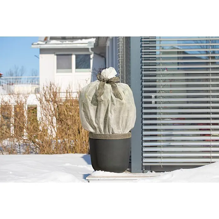 Windhager Winterschutzvlies Protect - B x L: 3 x 1,5 m, Weiß, 30 g/m² - Topfpflanze mit hellgrauer Vlies-Winterabdeckung, mit Schleife gebunden, im Schnee stehend.