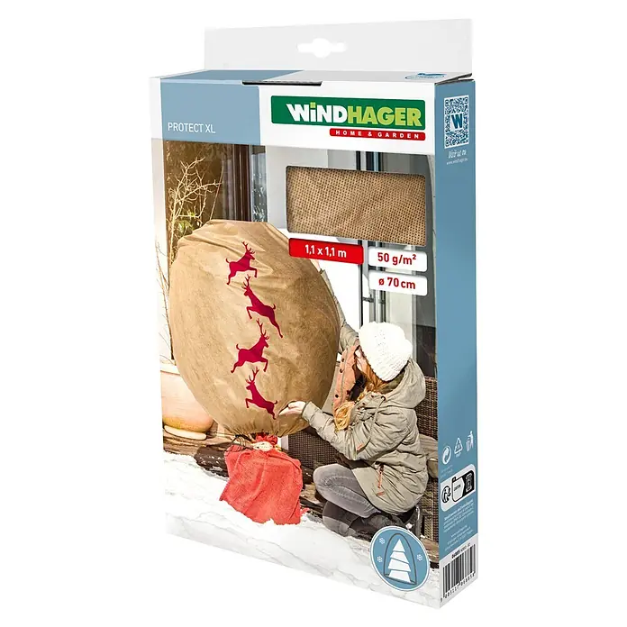 Windhager Winterschutzhaube Protect - L x B: 1,1 x 1,1 m, Motiv: Hirsch - Hellbraune Pflanzenschutzhaube mit roten Hirschmotiven, wird im Winter von einer Person über eine große Pflanze gestülpt, Verpackung sichtbar.