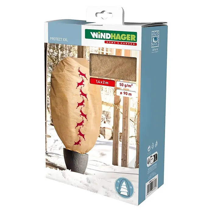 Windhager Winterschutzhaube Protect - L x B: 2 x 1,4 m, Motiv: Hirsch - Beige XXL Pflanzenabdeckung mit roten Hirschmotiven, schützt eine Pflanze im Topf im verschneiten Garten.
