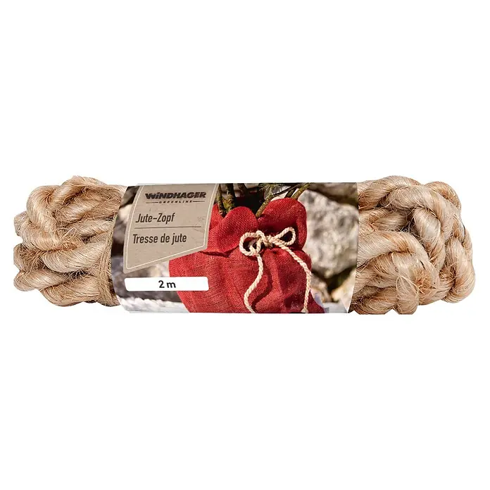 Windhager Jutezopf - Natur, Ø x L: 12 cm x 2 m - Aufgerollter Naturjute-Zopf mit Etikett „Jute-Zopf“, „Tresse de jute“ und „2 m“.