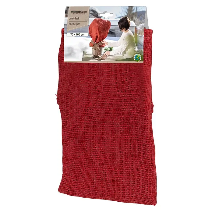 Windhager Gartensack - L x B: 100 x 70 cm, Rot - Roter Jutesack, 70x100 cm, mit Produktetikett, das Pflanzenschutz zeigt.