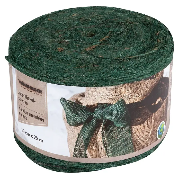 Windhager Jute-Gewebematte - L x B: 25 m x 10 cm, Moosgrün - Rolle grüner Jute-Wickelstreifen zum Verpacken und Dekorieren.