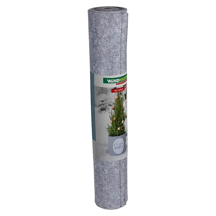 Windhager Dekoartikel Topfschutz Hello Winter - Grau, Frostschutz, Länge: 40 cm, Rund - Gerollter grauer Filzstoff (161x40 cm) für Winterschutz, mit Etikett, das eine Pflanze im Schnee zeigt.