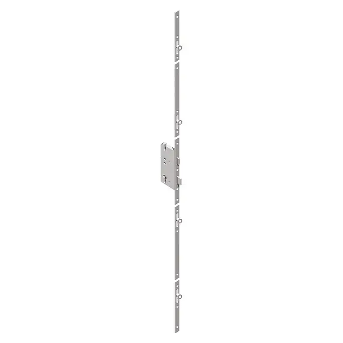 Solid Elements Haustür KT-02 - 100 x 210 cm, DIN Anschlag: Rechts, Weiß - Silbergraues Mehrfachverriegelungssystem für Türen mit Hauptschloss, Riegeln und Haken auf einer langen Leiste.