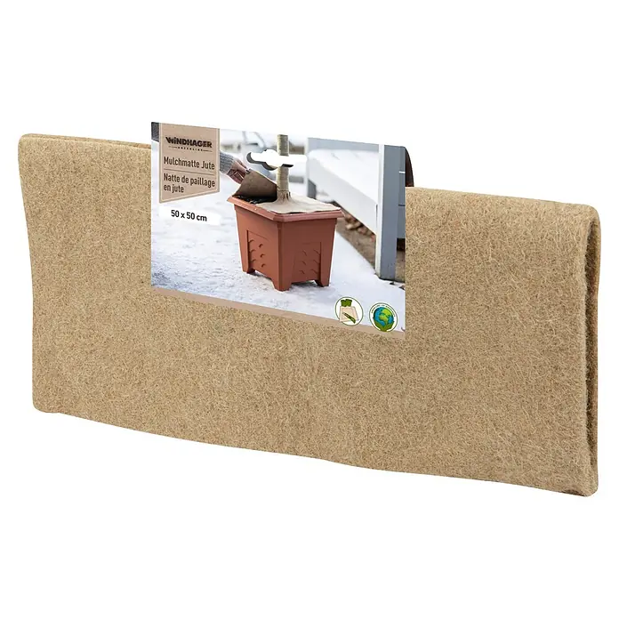 Windhager Jute-Gewebematte - L x B: 50 x 50 cm, 500 g/m², Natur - Hellbraune, gefaltete Jute-Mulchmatte mit Etikett, das eine Pflanze im Topf zeigt. Maße 50 x 50 cm.
