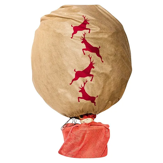 Windhager Winterschutzhaube Protect - L x B: 1,1 x 1,1 m, Motiv: Hirsch - Großer beiger Geschenkesack mit roten springenden Rentiersilhouetten, unten mit rotem Sackleinen gebunden.