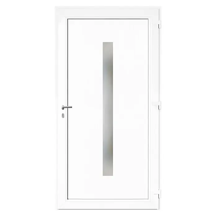 Solid Elements Haustür KF-03 - 110 x 210 cm, DIN Anschlag: Rechts, Anthrazit/Weiß - Weiße Eingangstür mit vertikalem Milchglaseinsatz, silbernem Griff und Schloss.