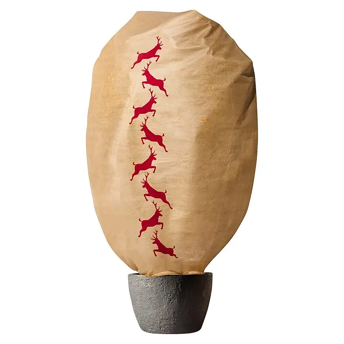 Windhager Winterschutzhaube Protect - L x B: 2 x 1,4 m, Motiv: Hirsch - Hellbraune Papierlaterne mit roten Hirsch-Silhouetten, auf einem dunkelgrauen, strukturierten Sockel.