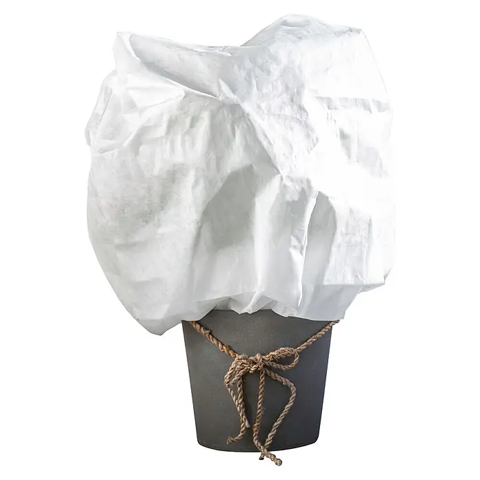 Windhager Winterschutzhaube Protect XL - Vlies, 50 g/m², Durchmesser: 90 cm, L x B: 1,4 x 2 m - Pflanze in grauem Topf, mit weißem Vliesstoff bedeckt und mit Seil verziert.