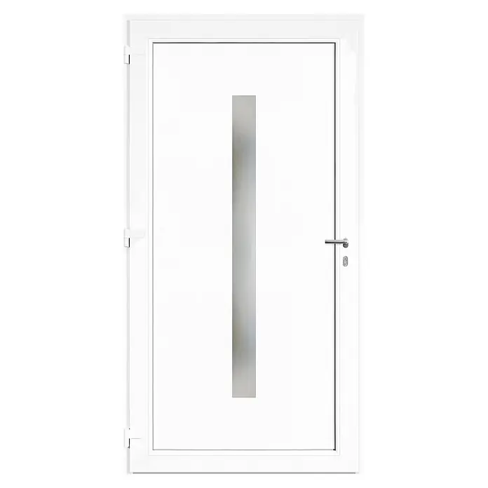 Solid Elements Haustür KF-03 - 110 x 210 cm, DIN Anschlag: Links, Anthrazit/Weiß - Weiße moderne Tür mit vertikaler Milchglasscheibe und silbernem Griff.
