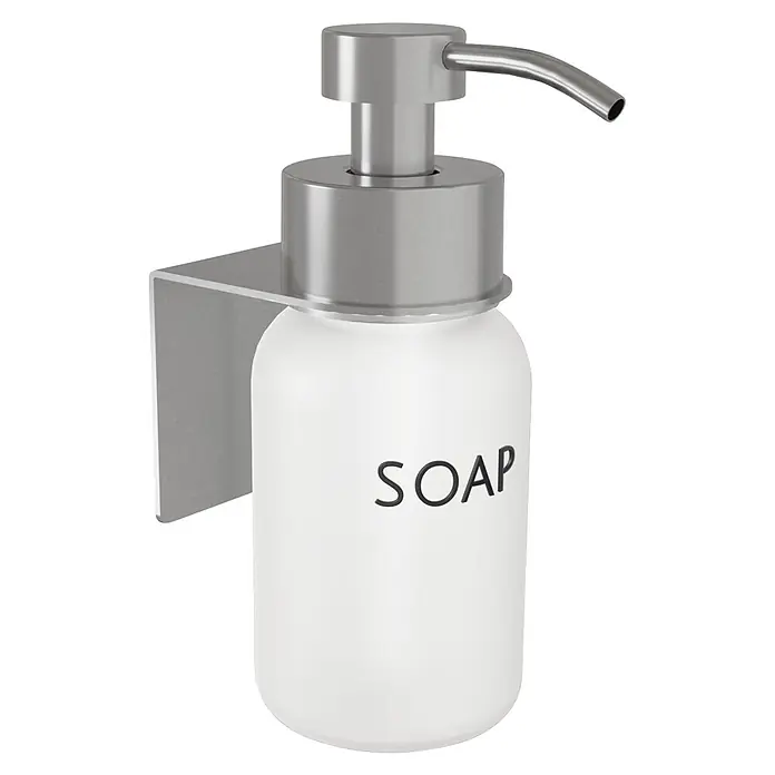 Camargue Antwerpen Seifenspender - Edelstahl, Edelstahl, Für die Wand - Weißer matter Seifenspender mit gebürsteter Edelstahlpumpe und Wandhalterung, beschriftet mit "SOAP".