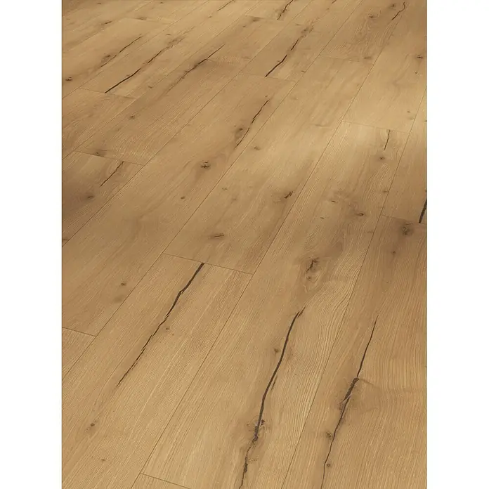 Parador Designboden Modular One - Eiche Cortina natur, Landhausdiele, 1.285 x 194 x 8 mm - Heller Holzfußboden mit dunklen Rissen und realistischer Maserung.