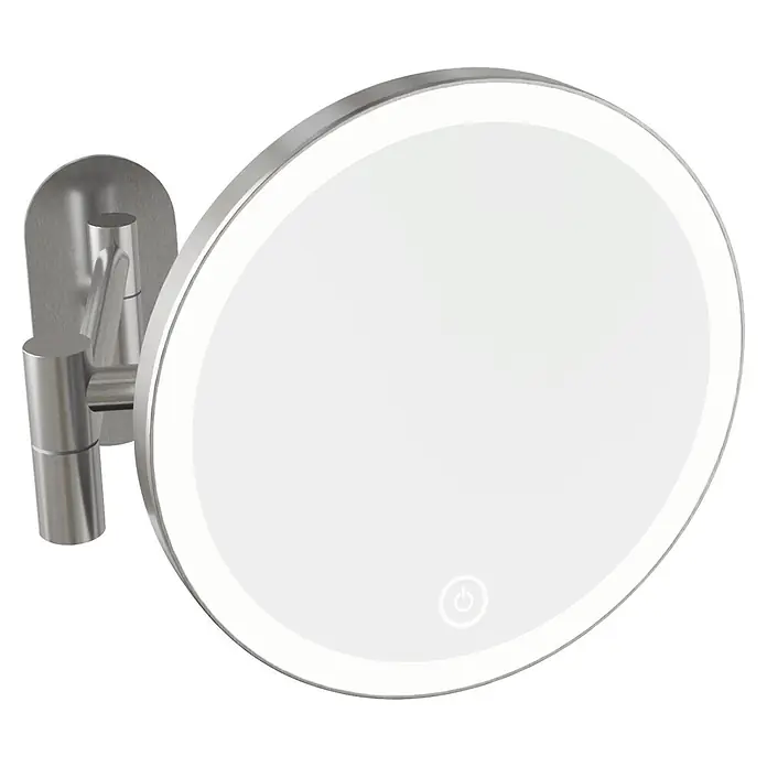 Camargue Antwerpen Kosmetikspiegel - Durchmesser: 17,8 cm, Rund, Silber - Runder, wandmontierter Kosmetikspiegel mit gebürstetem Silberrahmen und Gelenkarm, mit beleuchtetem LED-Ring und Touch-Power-Taste.