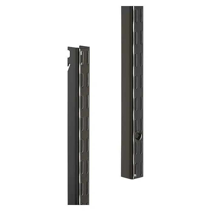Elfa Classic by Elfa Hängeschiene - Länge: 99 cm, Passend für: Regalsystem Classic by Elfa, Zweilochsystem, Graphite - Zwei dunkelgraue Metall-Regalständer mit vertikalen Schlitzen, einer mit einem runden Arretierstift.
