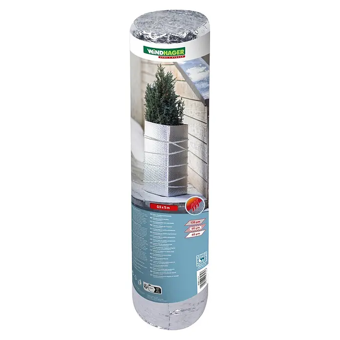 Windhager Kälteschutz - Garten, B x L: 50 x 500 cm, Silber - Silberne Noppenfolienrolle für Winterschutz von Pflanzen, auf Etikett um Topfpflanze gewickelt dargestellt.