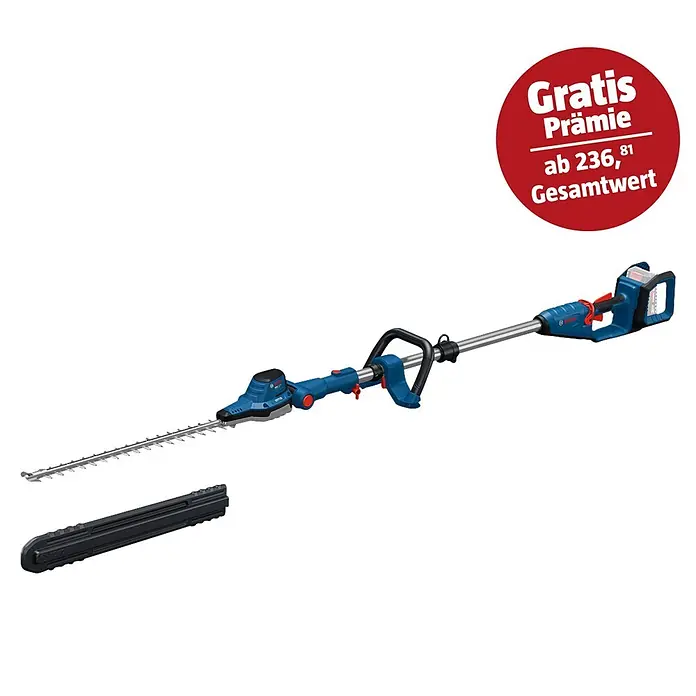 Bosch Professional AMPShare 18V Teleskop-Heckenschere GHE18V-50 FP - 18 V, Li-Ionen, Anzahl Akkus: Ohne Akku - Blauer und schwarzer Bosch Teleskop-Heckenschneider mit Klinge, abgenommenem Klingenschutz und „Gratis Prämie“-Sticker.