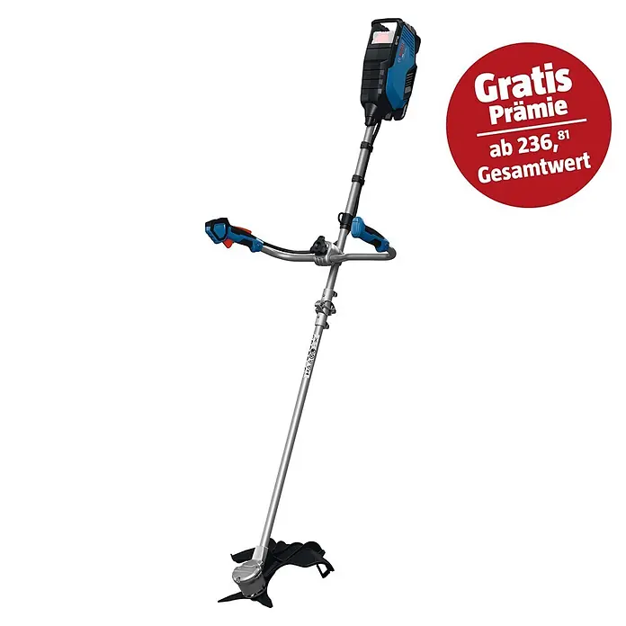 Bosch Professional AMPShare 18V Akku-Freischneider GFR18V-25 BH - 18 V, Schnittbreite Faden: 40 cm, Schnittbreite Messer: 25 cm - Akku-Motorsense von Bosch in Blau und Schwarz mit silbernem Schaft, schwarzem Schutz und Fahrradgriff.