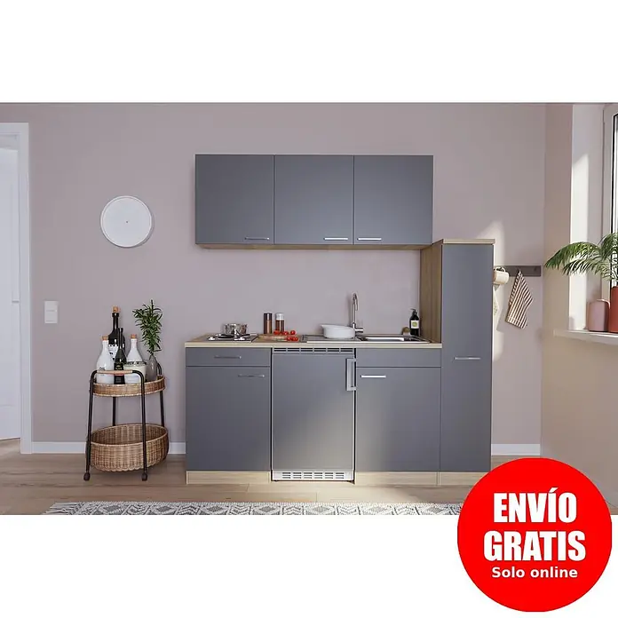 Respekta Cocina compacta Luis - Ancho: 180 cm, Gris, Color del cuerpo: Marrón, Placa de cocción doble y frigorífico - Cocina compacta gris con encimera de madera, fregadero, vitrocerámica y nevera integrada.