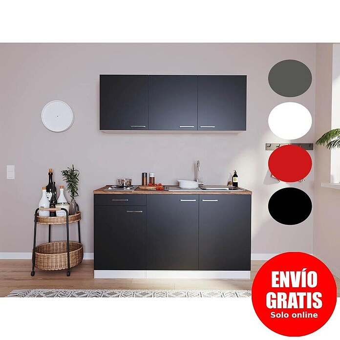 Respekta Cocina compacta Luis (Ancho: 150 cm, Negro, Con electrodomésticos) | BAUHAUS