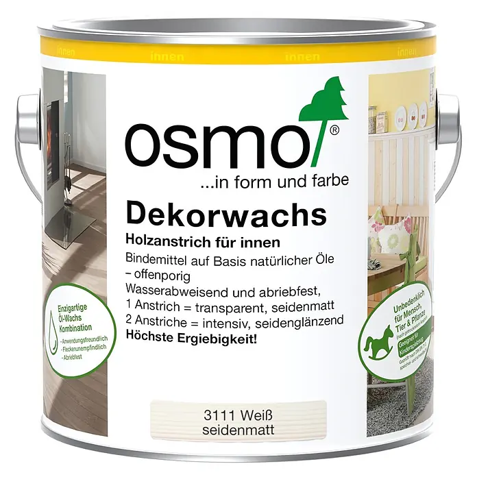 Osmo Dekorwachs - Weiß, 2,5 l, Seidenglänzend - Osmo Dekorwachs 3111 Weiß seidenmatt, ein Holzanstrich für innen auf Basis natürlicher Öle, unbedenklich und geeignet für Kinderspielzeug.