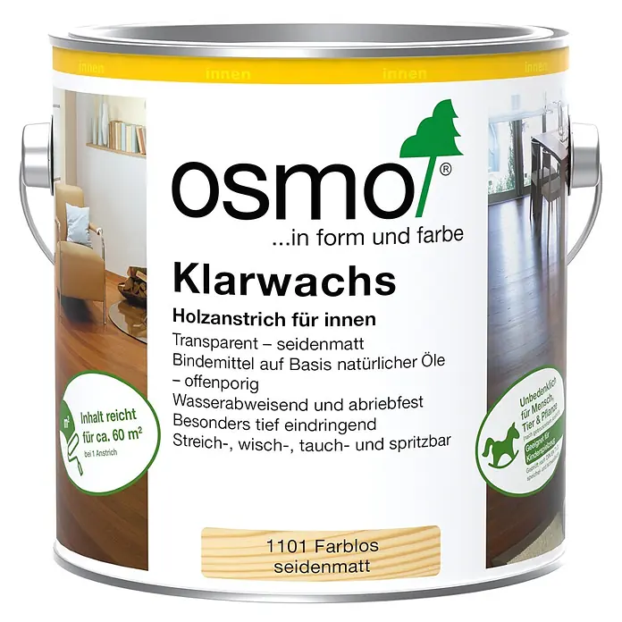 Osmo Klarwachs - 2,5 l, Farblos - Osmo Klarwachs für Holz im Innenbereich, transparent und seidenmatt. Reicht für ca. 60 m², unbedenklich für Mensch, Tier & Pflanze, Kinderspielzeug.