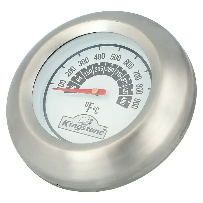 Ersatz-Thermometer - Passend für: Kingstone Kugelgrill Bullet 57 - Nahaufnahme eines Kingston-Thermometers mit rotem Zeiger und Anzeige in Fahrenheit und Celsius, eingebettet in ein silbernes Gehäuse.