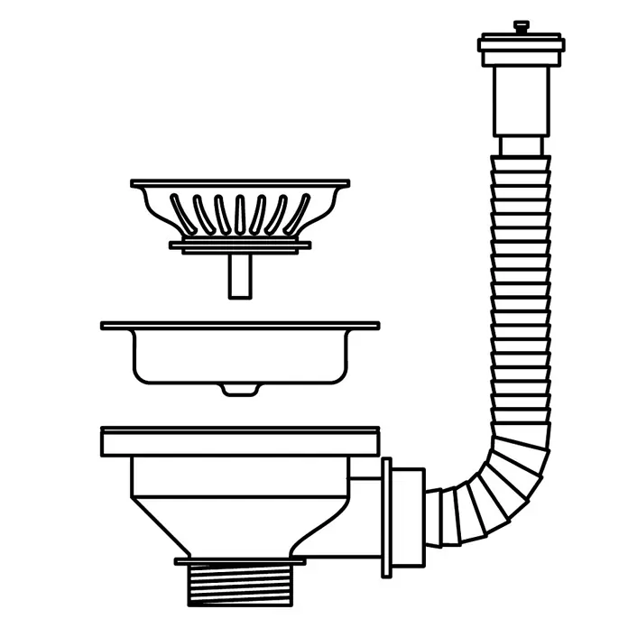 Pyramis Ab- & Überlaufgarnitur - Edelstahl - Demontierte Spülbeckenabfluss- und Überlaufbaugruppe mit Sieb, Auffangbecken, Hauptsiphon und flexiblem Wellrohr.