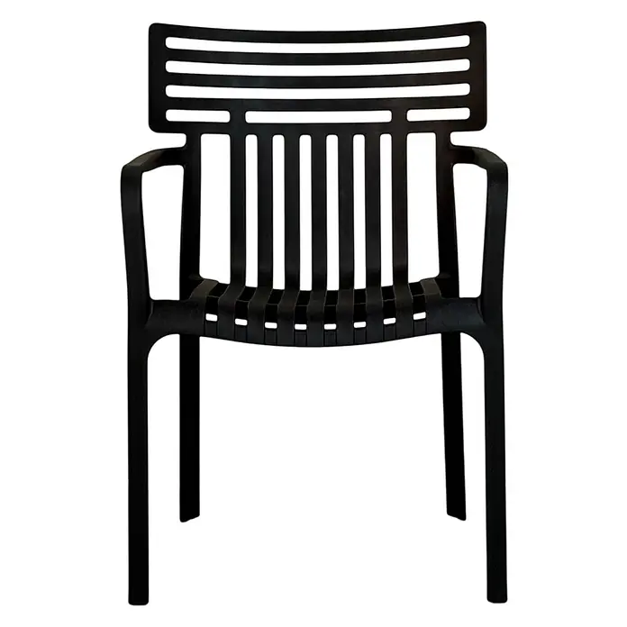 Floordirekt Gartenstuhl Terrano Schwarz - Polypropylen, Schwarz - Schwarzer Stuhl mit Lamellenrücken, Armlehnen und Riemensitz.