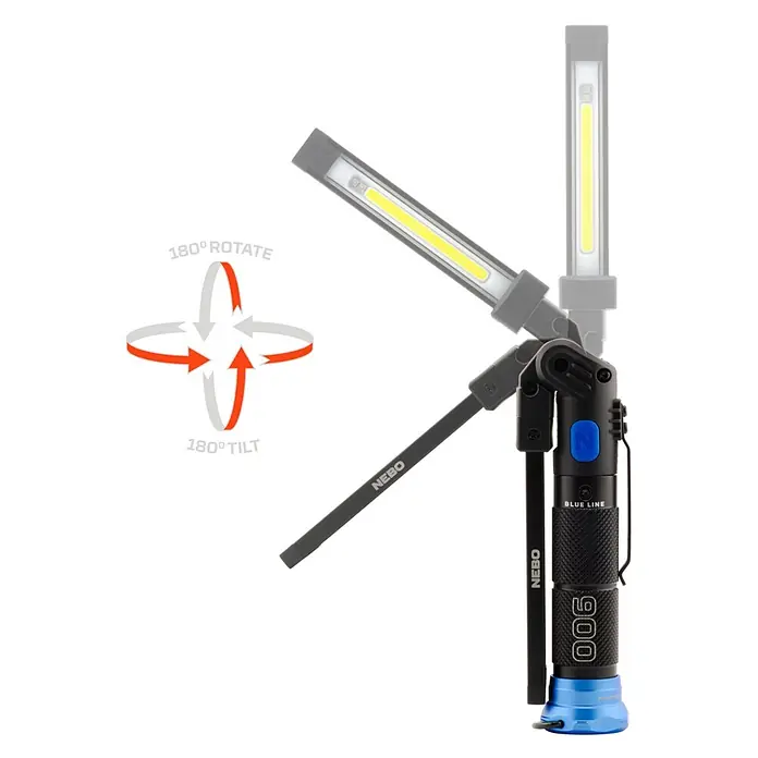 Nebo Tools Linterna Blueline 900 - 16,5 x 3,5 x 3,5 cm, 30 lm - 900 lm, IPX4 - Linterna de trabajo LED articulada negra y azul con luz de tira y cabeza que gira e inclina 180 grados para posicionamiento versátil.