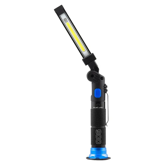 Nebo Tools Linterna Blueline 900 - 16,5 x 3,5 x 3,5 cm, 30 lm - 900 lm, IPX4 - Luz de trabajo negra con cabeza LED COB flexible, botón azul, mango texturizado y base magnética azul. Marca 'BLUE LINE 900'.