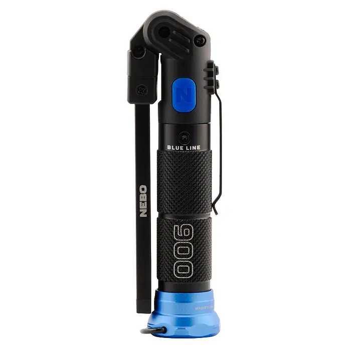 Nebo Tools Linterna Blueline 900 - 16,5 x 3,5 x 3,5 cm, 30 lm - 900 lm, IPX4 - Linterna de trabajo negra articulada con botón azul y base magnética, con agarre texturizado y clip de cinturón.