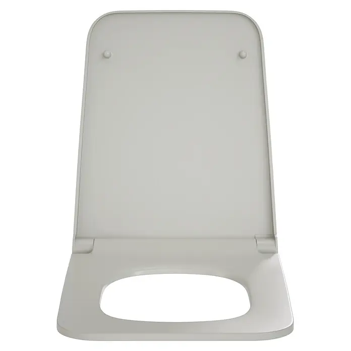 VitrA Equal WC-Sitz - Duroplast, Steingrau, Mit Absenkautomatik - Heller grauer Toilettensitz mit geöffnetem Deckel.