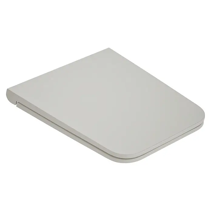VitrA Equal WC-Sitz - Duroplast, Steingrau, Mit Absenkautomatik - Hellgrauer Toilettensitz mit Deckel, geschlossen, schräg von oben.