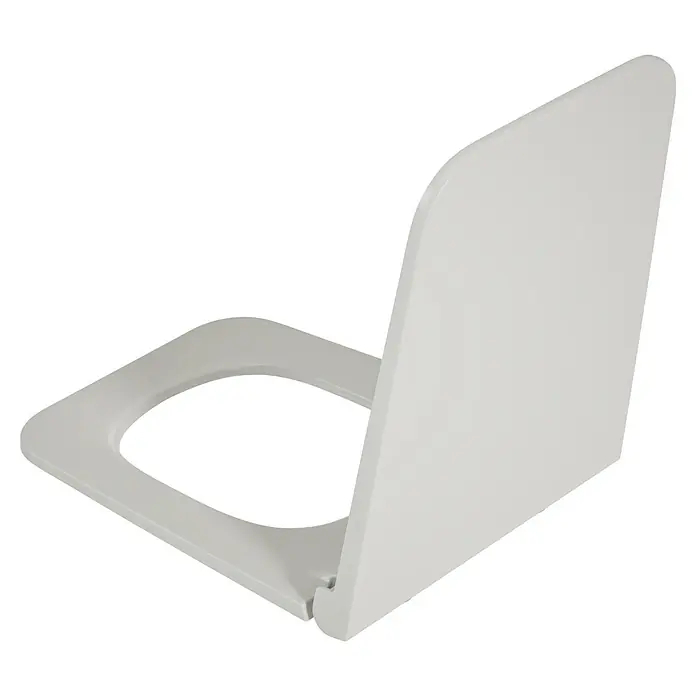 VitrA Equal WC-Sitz - Duroplast, Steingrau, Mit Absenkautomatik - Weißer, quadratischer Toilettensitz mit Deckel, teilweise geöffnet.