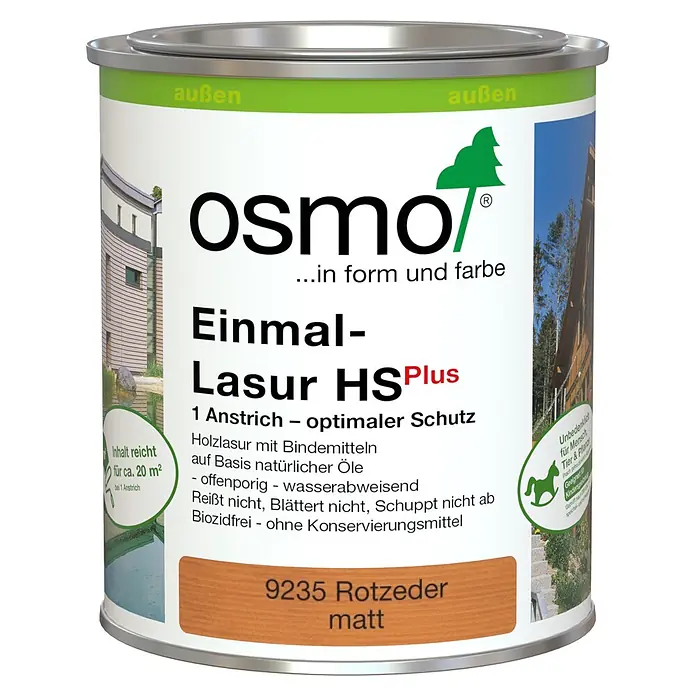 Osmo Holzlasur HSPlus 9235 - Rotzeder, 750 ml, Seidenmatt - Osmo Einmal-Lasur HS Plus Dose, 9235 Rotzeder matt, für außen. Bietet optimalen Schutz mit nur einem Anstrich.