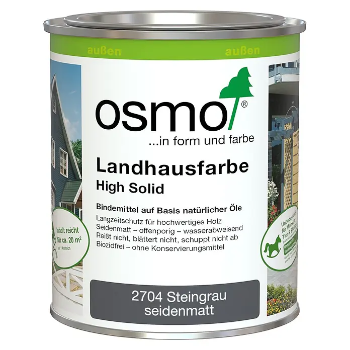 Osmo High Solid Landhausfarbe - Steingrau, 750 ml, Seidenmatt - Osmo Landhausfarbe High Solid Farbdose in '2704 Steingrau seidenmatt'. Eine natürliche Ölfarbe für dauerhaften Holzschutz außen.