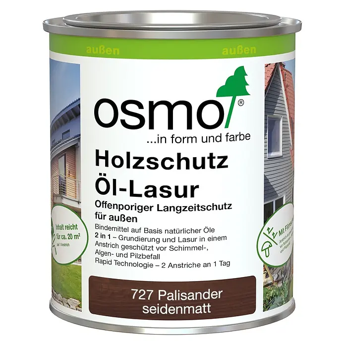 Osmo Holzlasur - Palisander - 727, 750 ml, Seidenmatt - Osmo Holzschutz Öl-Lasur, Farbton 727 Palisander seidenmatt, für außen, schützt vor Schimmel, Algen und Pilzbefall.