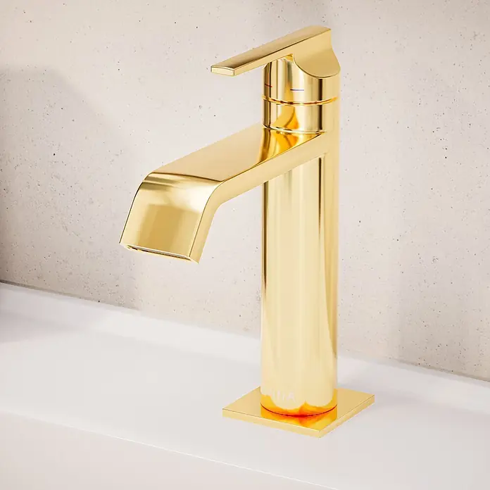 VitrA Suit Waschtischarmatur - Gold, Glänzend, Höhe: 19 cm - Schlanker, moderner Goldhahn mit quadratischem Sockel und Heiß-/Kaltanzeigen.