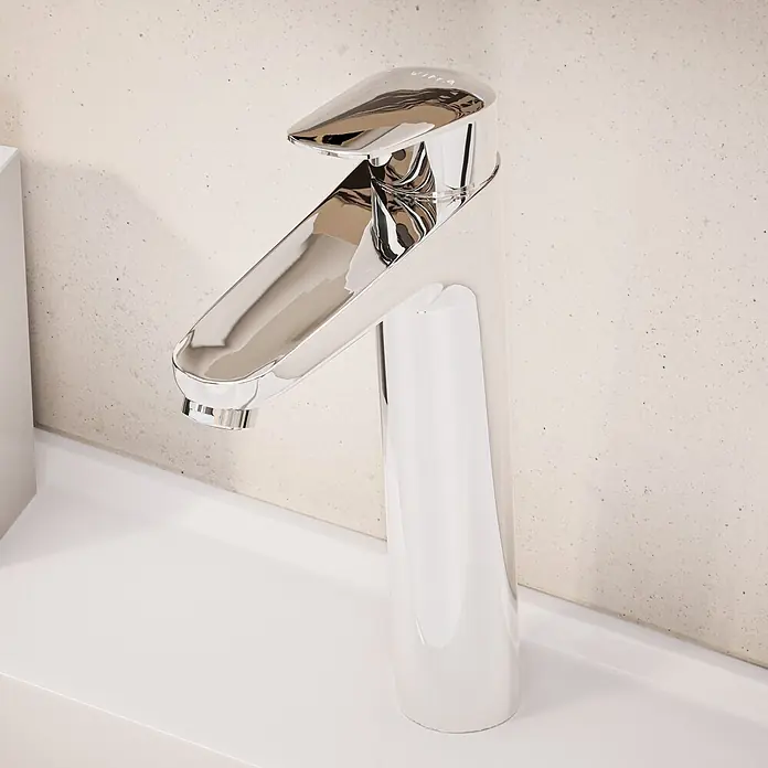 VitrA Flow Round Waschtischarmatur - Höhe: 27 cm, Ausladung Armatur: 151 mm, Chrom, Mit Zugstange - Moderner Chrom-Waschtischmischer auf weißer Arbeitsplatte.